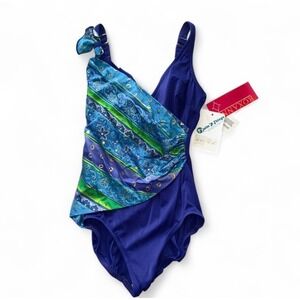 Vintage Roxanne Blue Turquoise Wrap One Piece Swimsuit 34B 12 Made in USA NWT